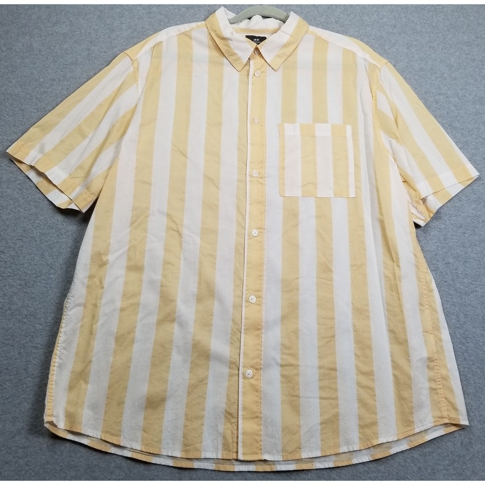 H&M Button Up Shirt Mens XL Orange White Striped Short Sleeve See Through Cotton